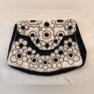 Vintage French Beaded Clutch Wristlet Black White Silver beading